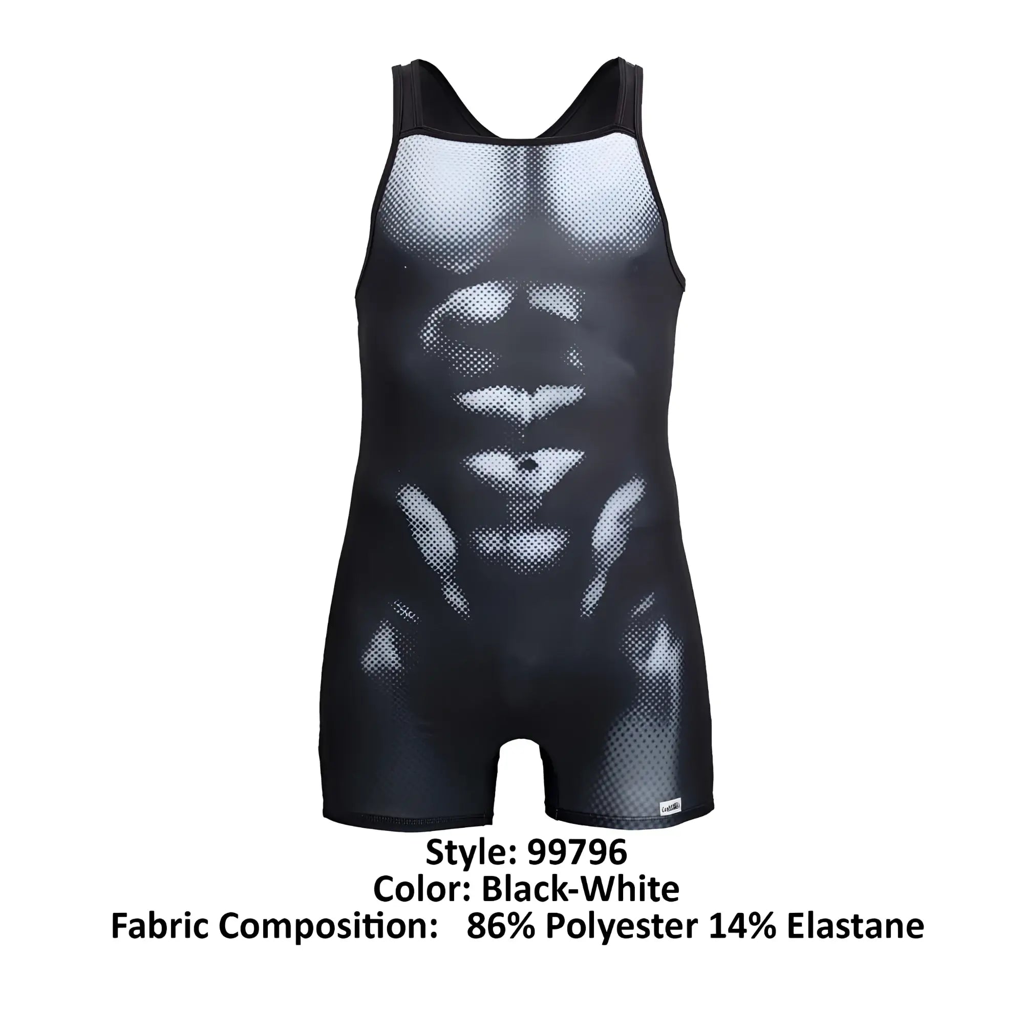 Black and white mesh wrestling singlet with detailed abdominal muscle design candyMan 99796 muscle onesie bodysuit