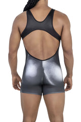 Black and silver gradient wrestling singlet muscle onesie bodysuit with mesh back panel showing the back side