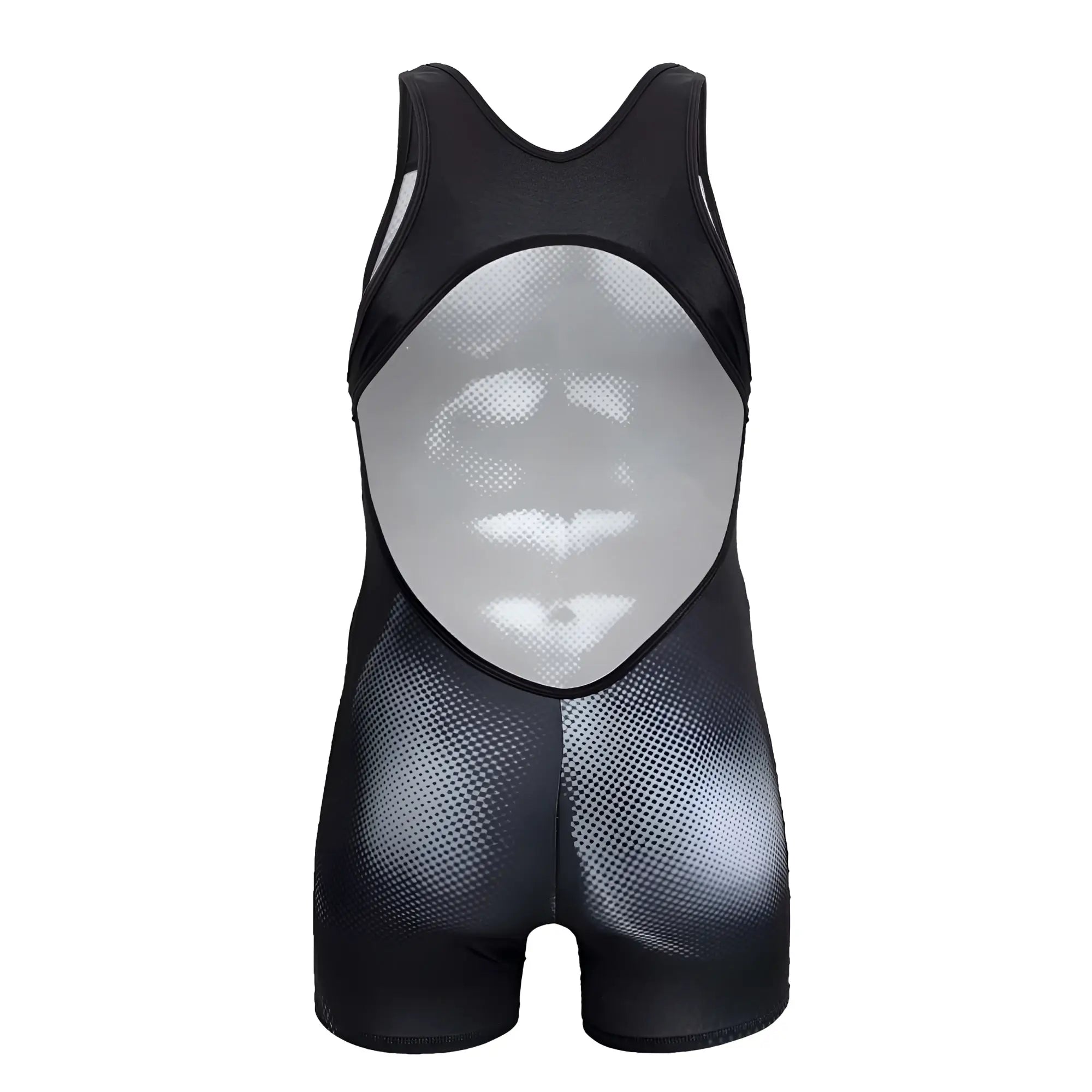 Black and silver mesh wrestling singlet with reflective textured torso design candyMan 99796 muscle onesie bodysuit
