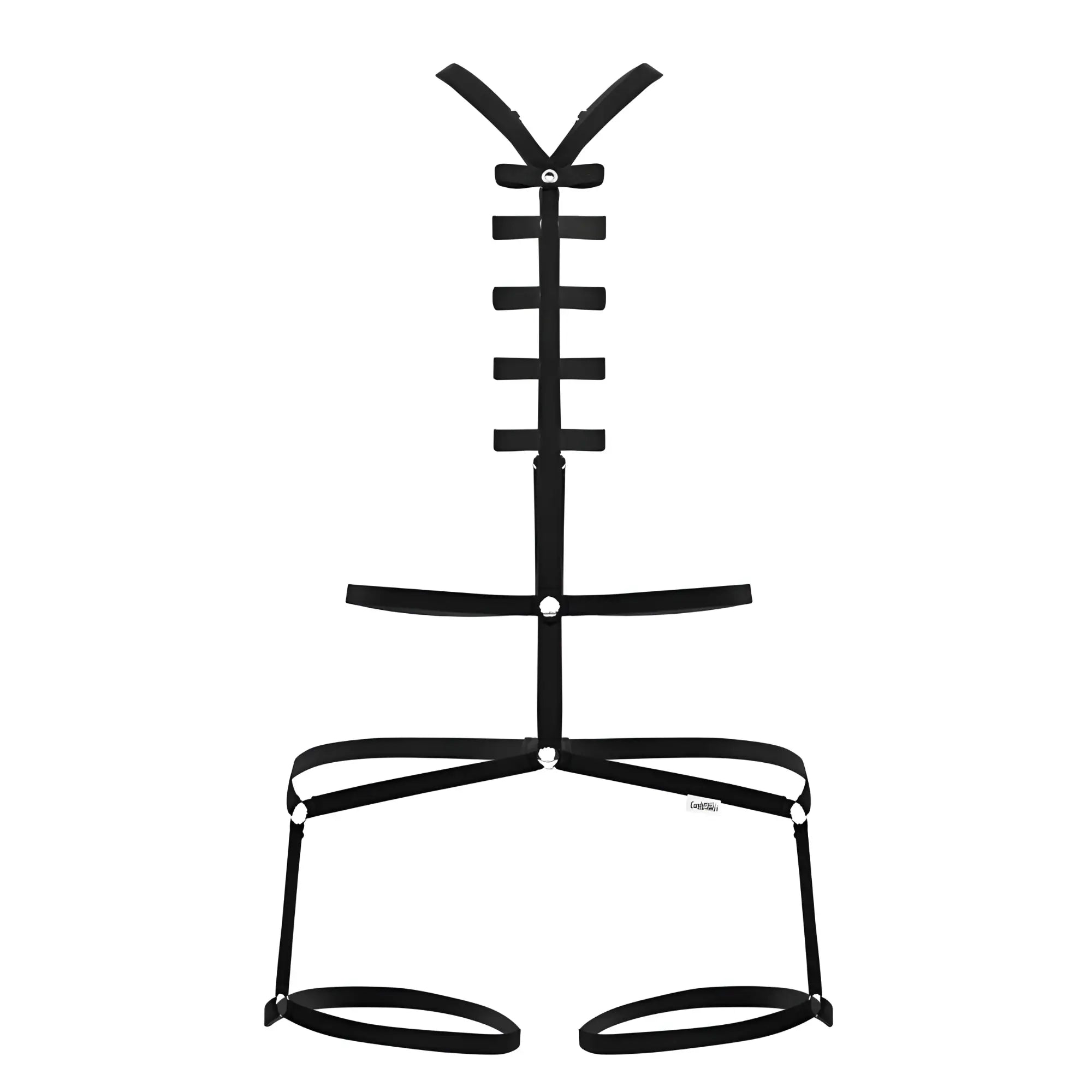 Black fabric harness with adjustable straps and metal buckles part of candyman 99797 string bodysuit in black