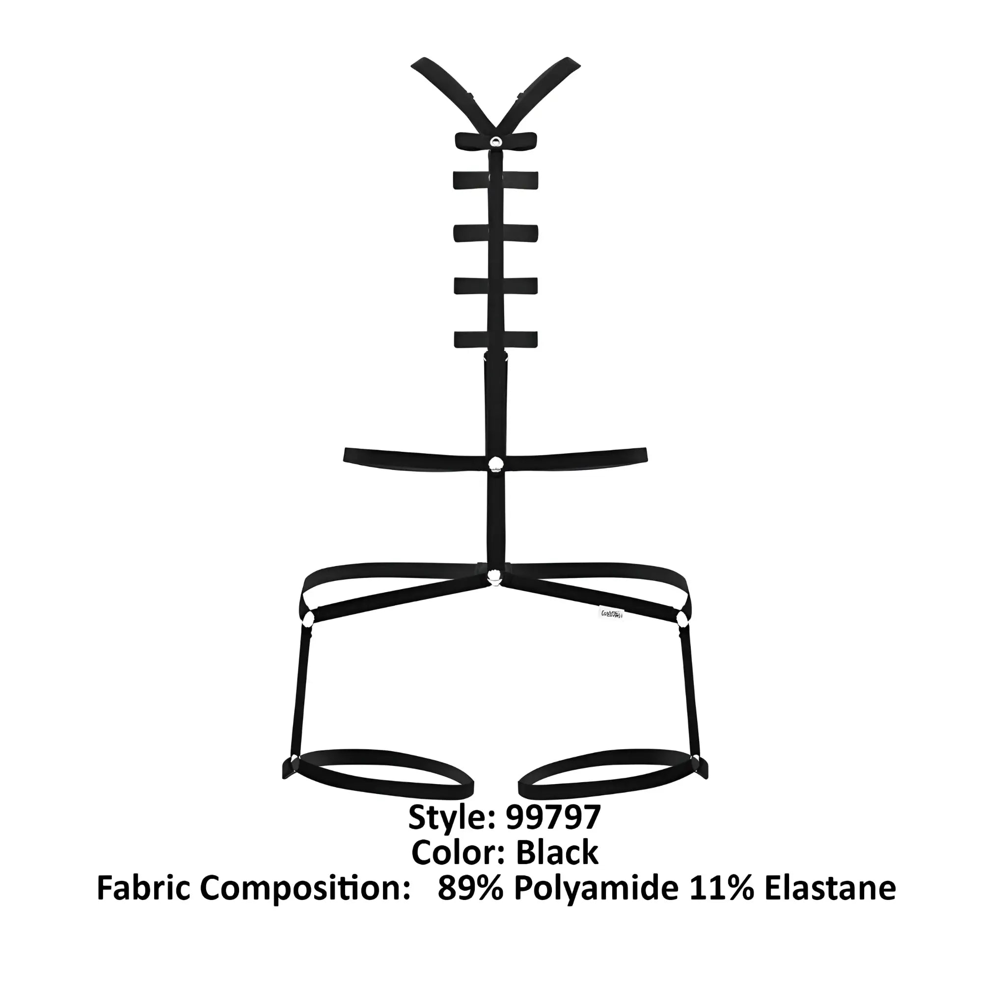 Black CandyMan 99797 string bodysuit harness with adjustable straps and metal hardware made of polyamide and elastane