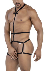 Black leather candy man 99797 string bodysuit with adjustable straps and metal clasps showing the back side