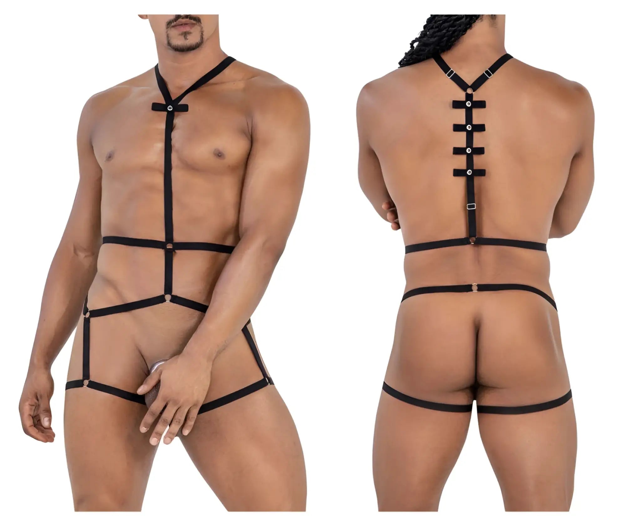 Black leather candy man 99797 string bodysuit with adjustable straps and silver toned metal clasps front view