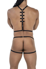 Black leather CandyMan 99797 string bodysuit harness with adjustable straps and silver-toned metal clasps