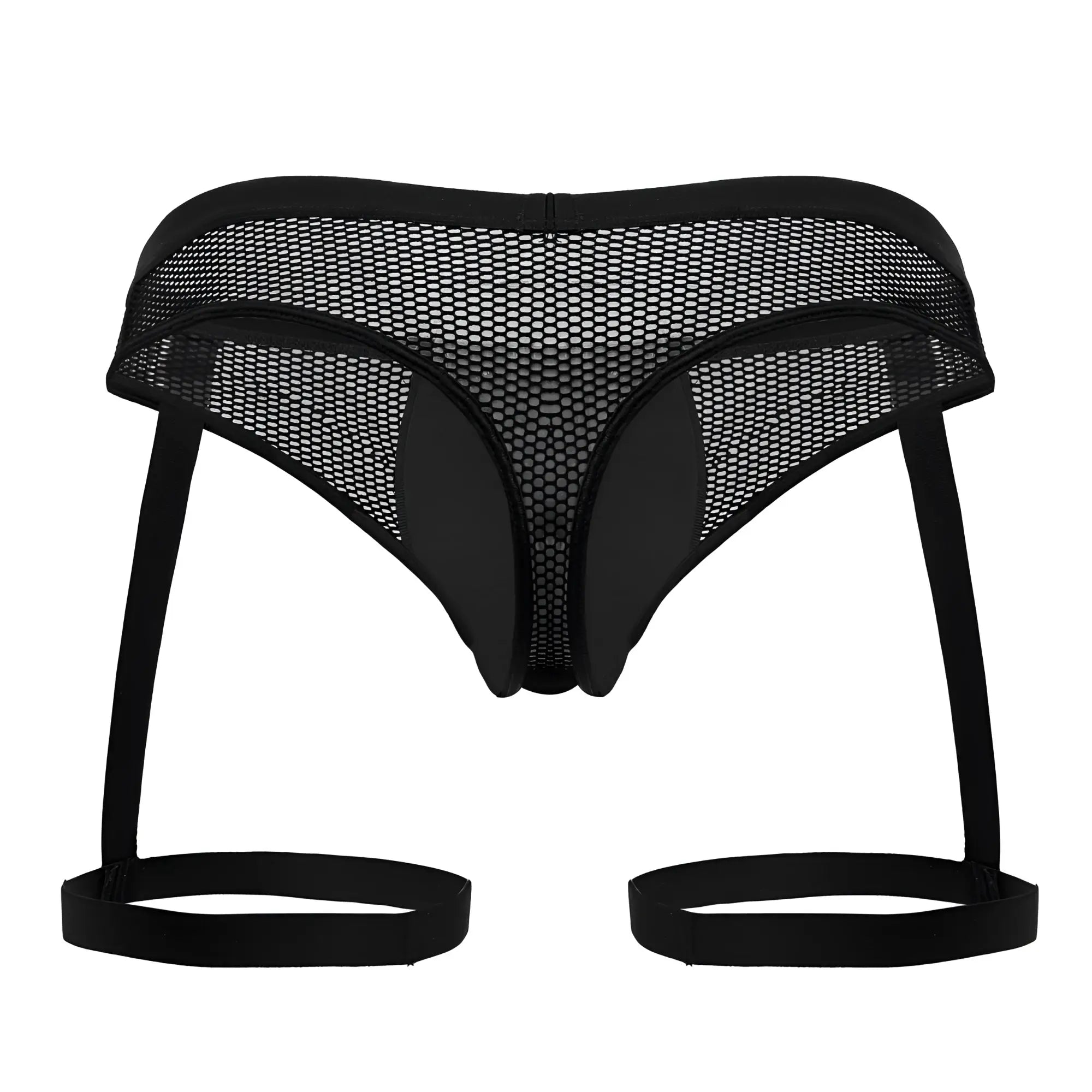 Black mesh harness-style CandyMan 99798 garter thong with solid elastic straps and reinforced side panels