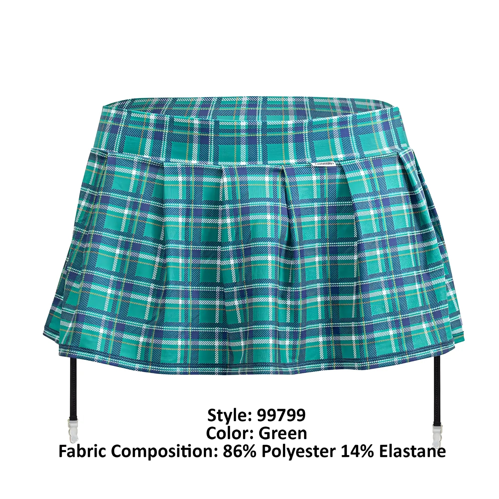 A teal and navy plaid pleated mini skirt with black suspenders from candy man 99799 garter outfit color green
