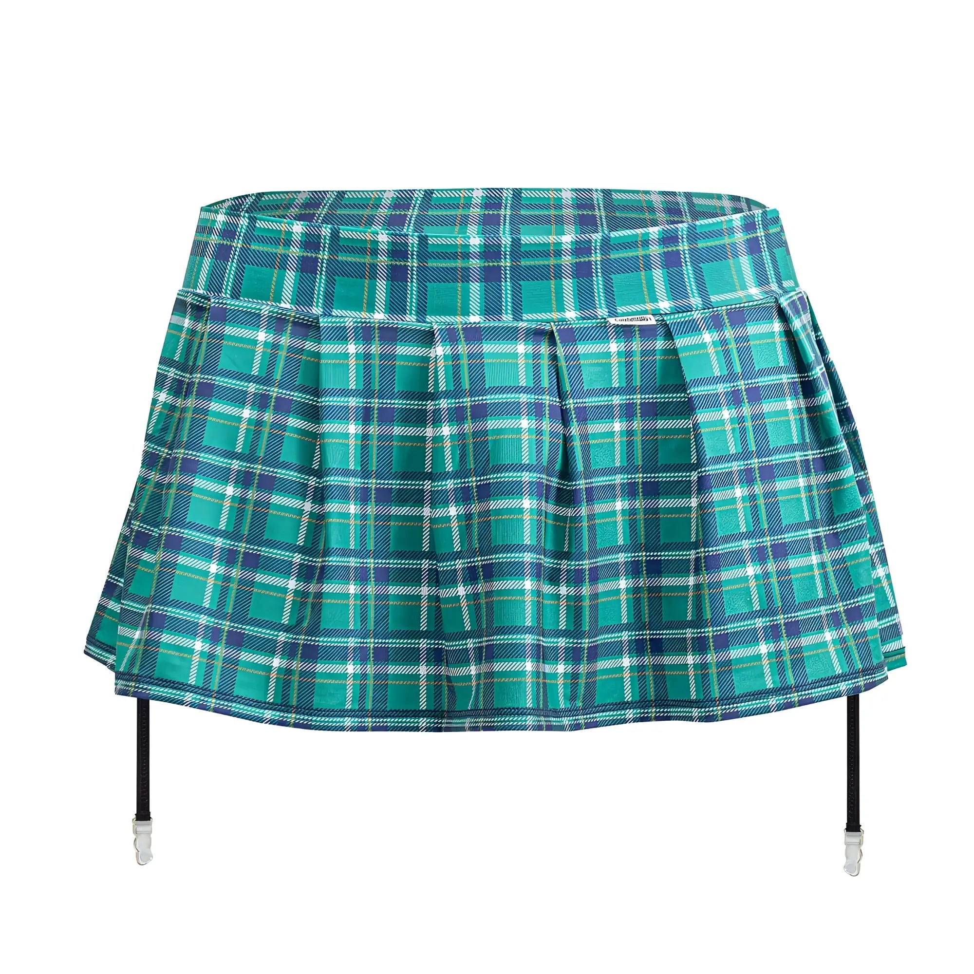 A teal and navy plaid pleated mini skirt with black garter straps from candyman 99799 garter outfit color green