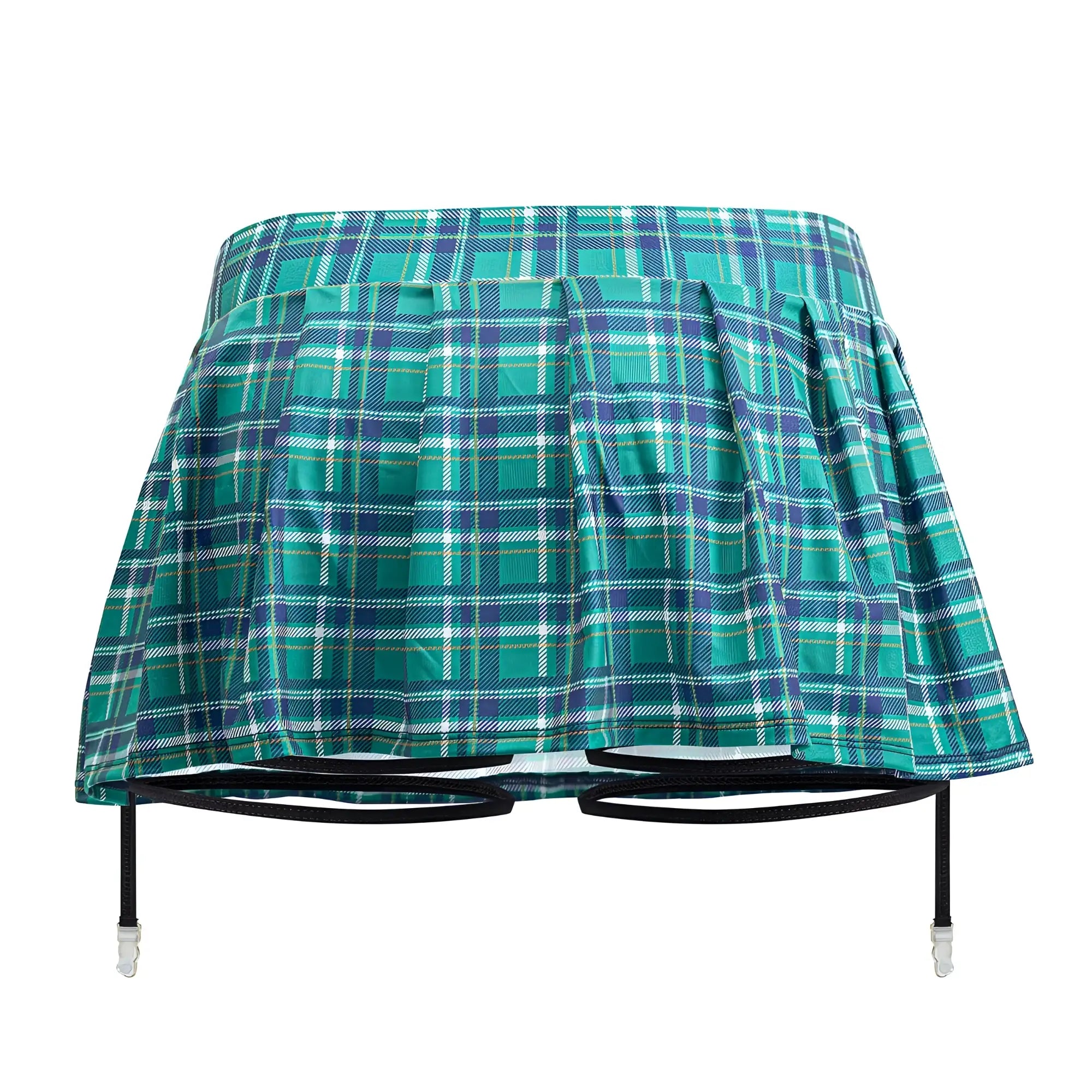 CandyMan 99799 garter outfit green with teal and navy plaid pleated skirt featuring black adjustable straps