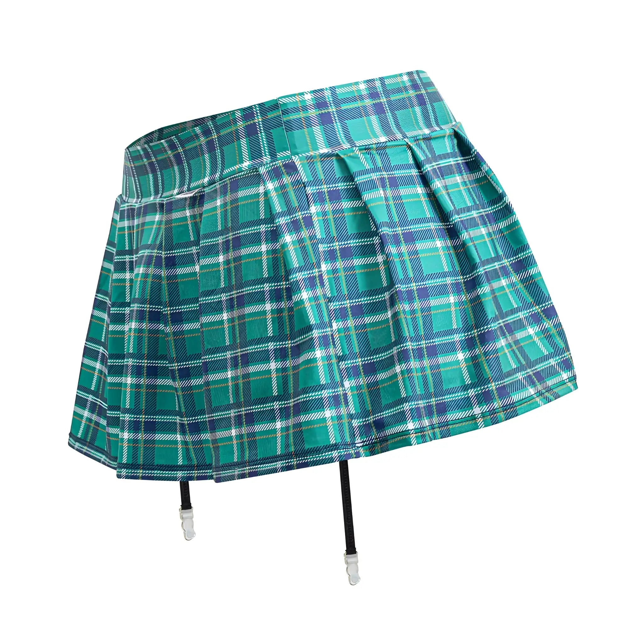 A teal and navy plaid pleated skirt with black garter straps from the candyman 99799 garter outfit color green