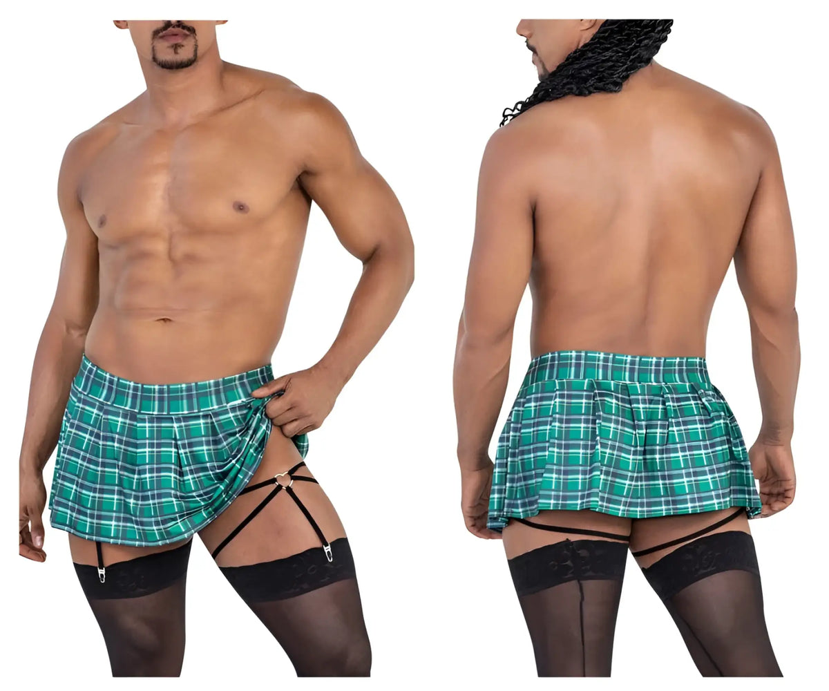 Green and white plaid mini skirt with black garter straps from CandyMan 99799 garter outfit in green color