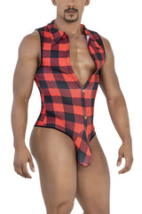 CandyMan 99800 lumberjack bodysuit in red plaid with button front collar and elastic waistband one-piece design