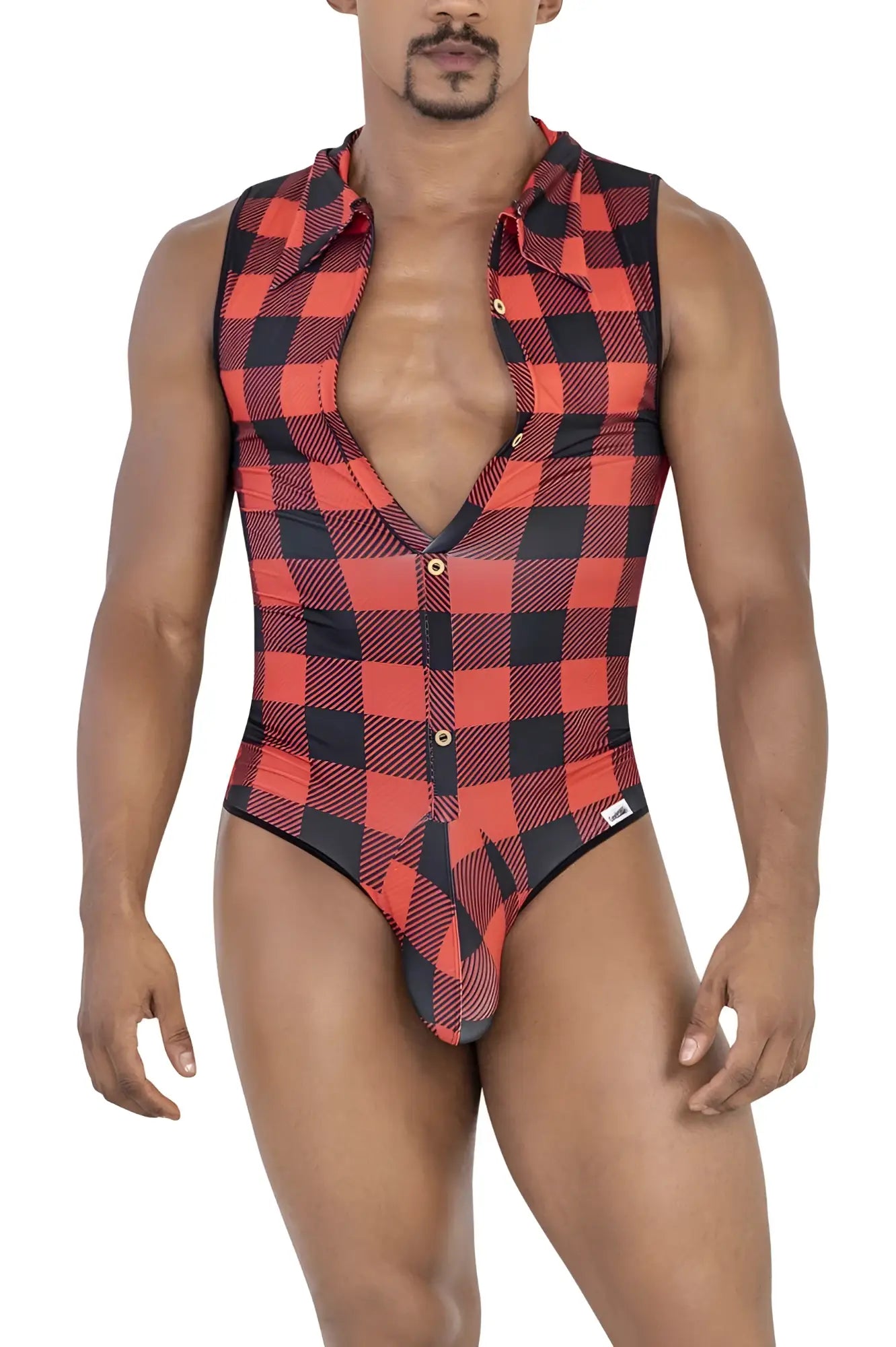 CandyMan 99800 lumberjack bodysuit red one-piece swimsuit with red and black plaid shirt collar and button-front design