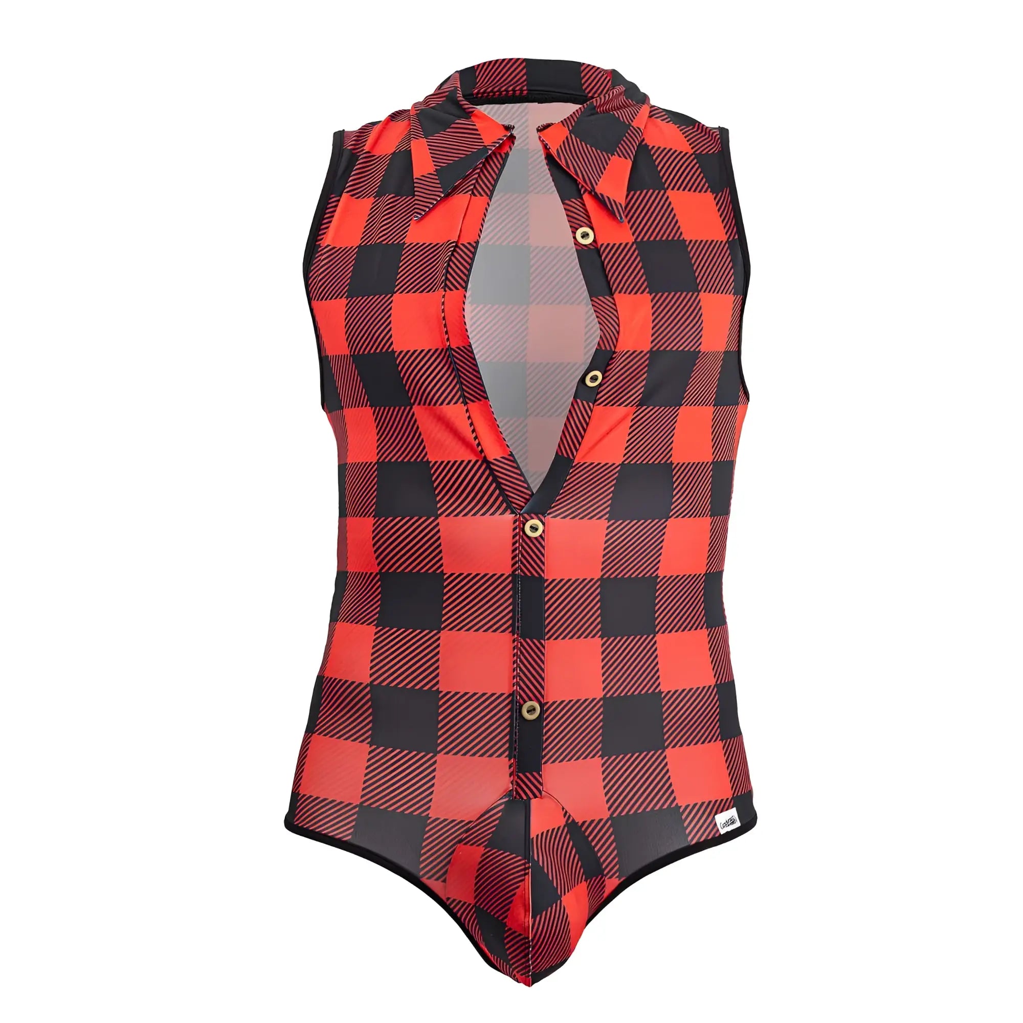 Red and black plaid sleeveless candyMan 99800 lumberjack bodysuit with collar button front and matching trim