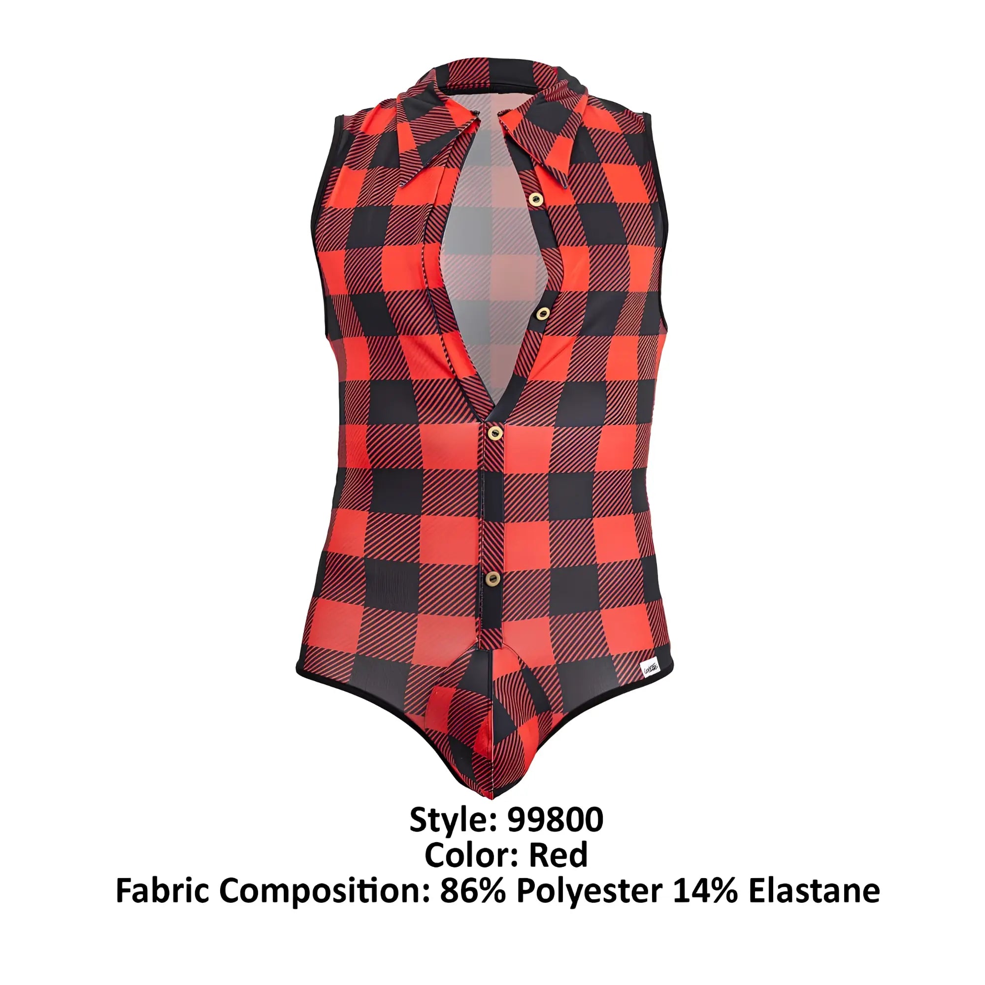 Red and black plaid sleeveless CandyMan 99800 lumberjack bodysuit with button front design