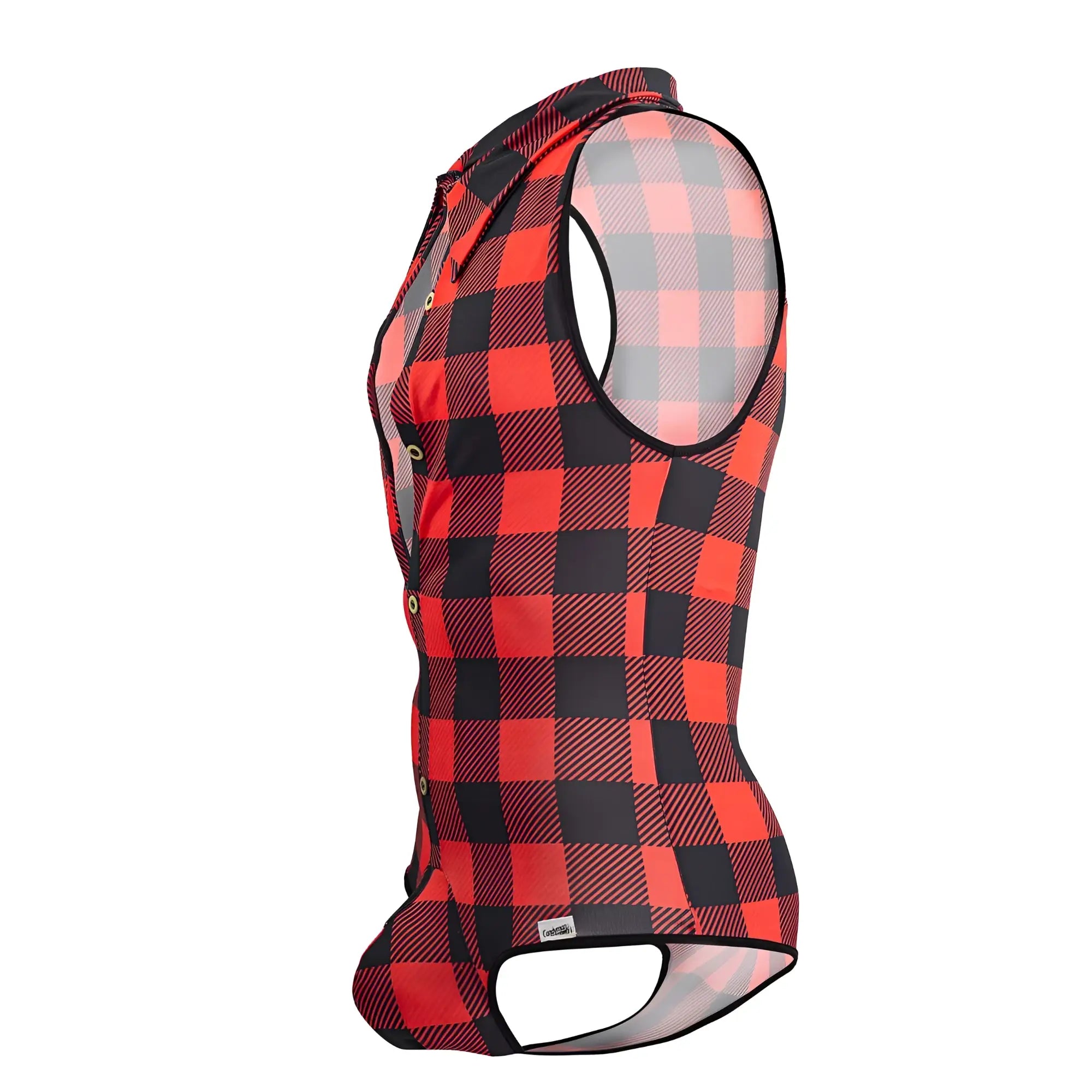 Red and black plaid cycling vest with mesh panels from candyman 99800 lumberjack bodysuit in red color