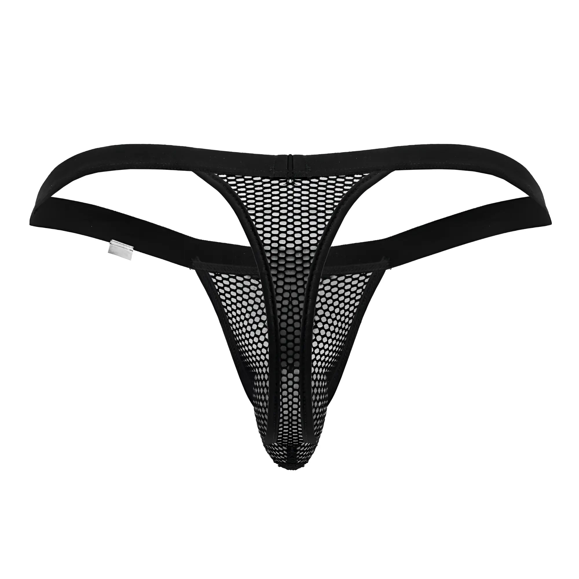 Black mesh thong with solid elastic straps and central zipper from candyman 99801 collection