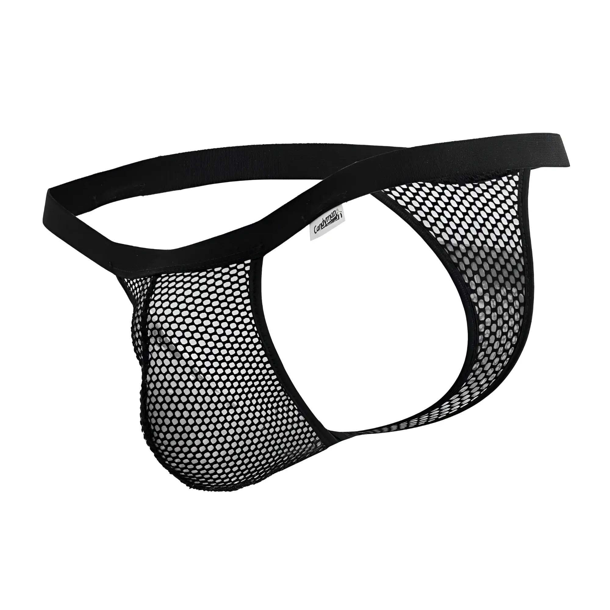 Black candyMan 99801 mesh thong with solid elastic waistband and cordoba brand label visible