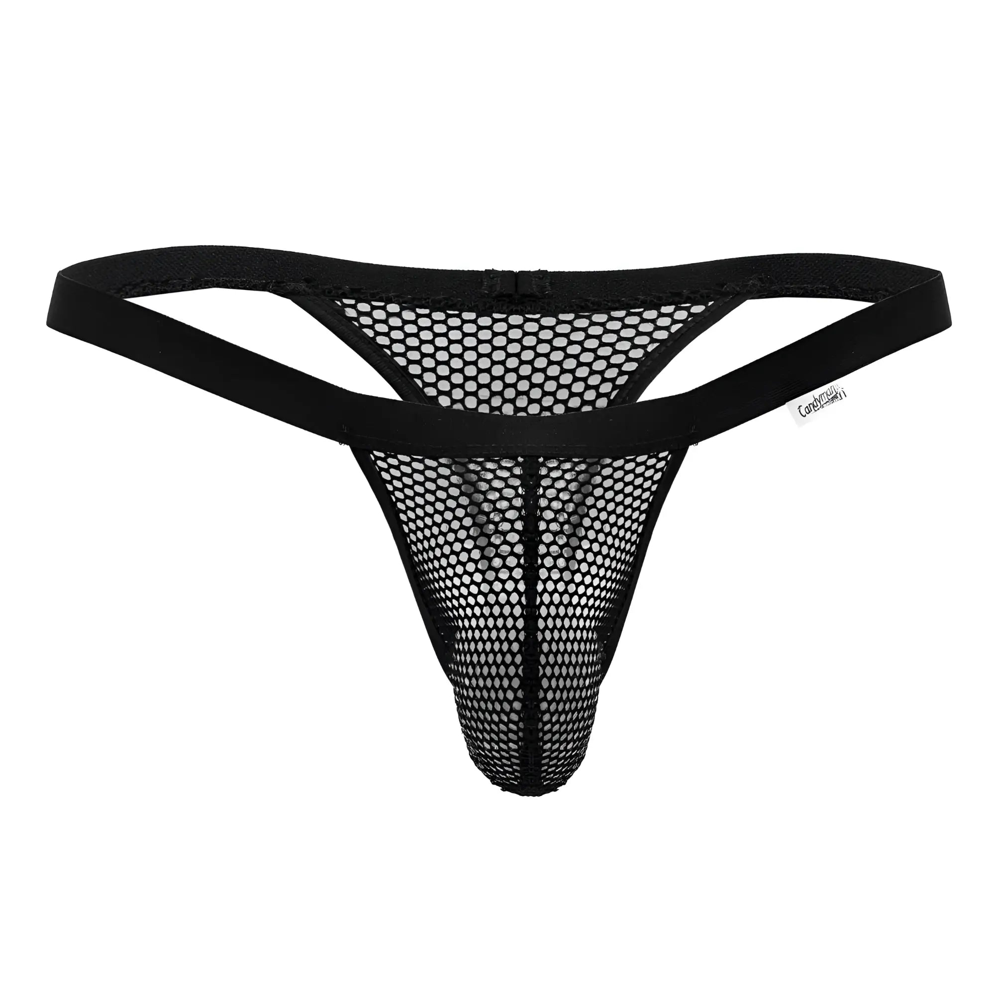 Black CandyMan 99801 mesh thong with solid elastic waistband and small brand tag in front view