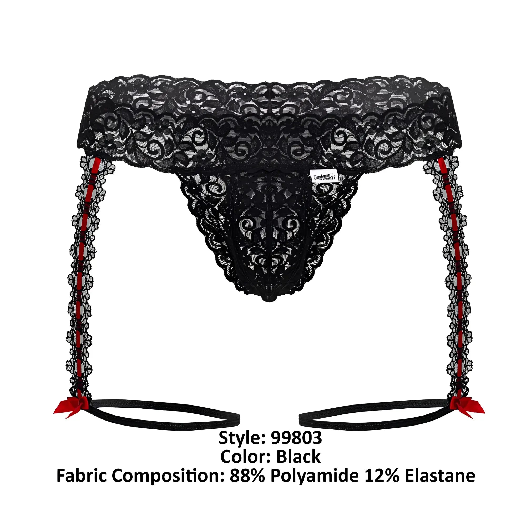 Black lace garter thongs with red ribbon accents and matching ties from candyman 99803 collection