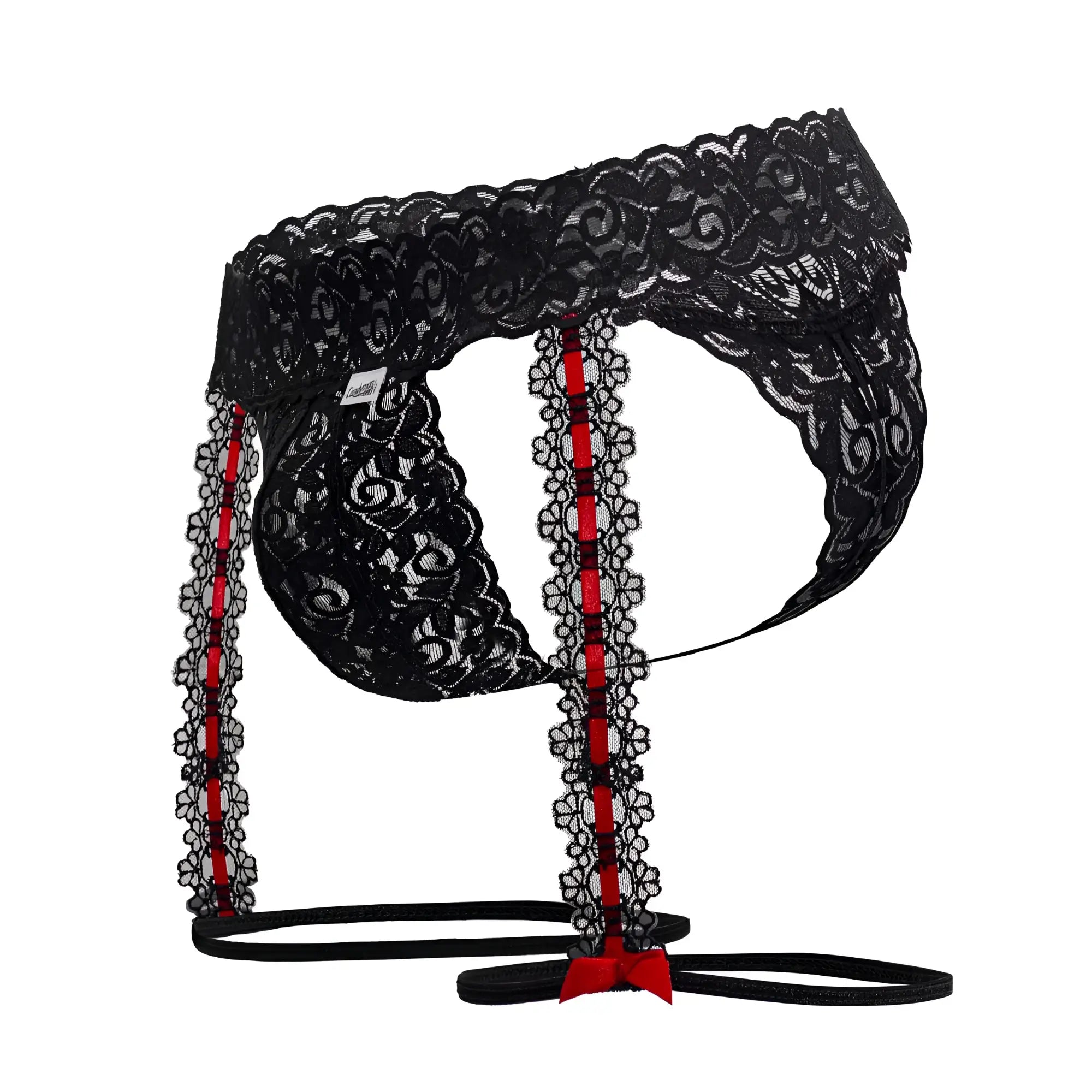 Candyman 99803 black lace garter thong with red floral trim and matching bow for men