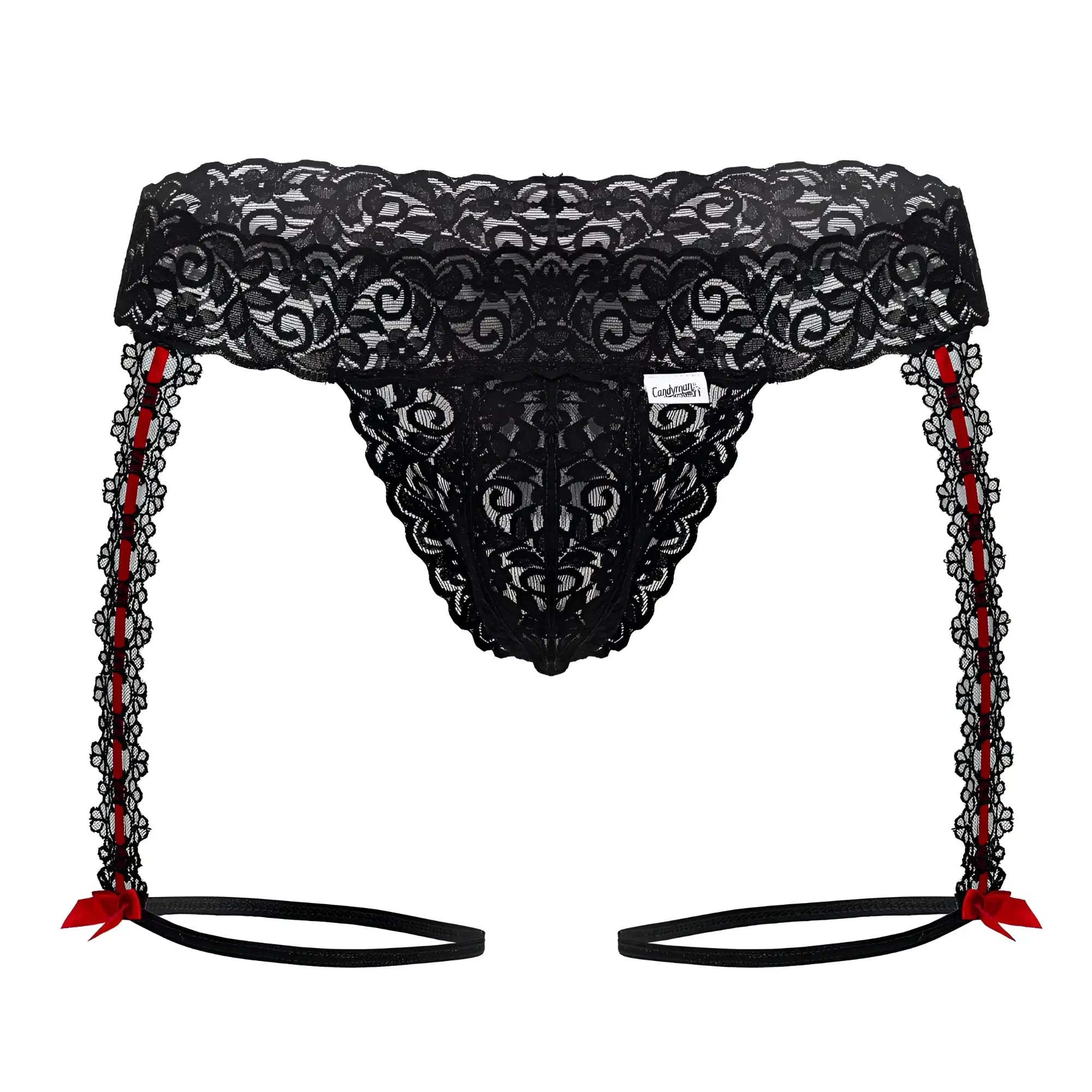 Black lace thong candyMan 99803 with red ribbon ties and decorative bows in front and back view
