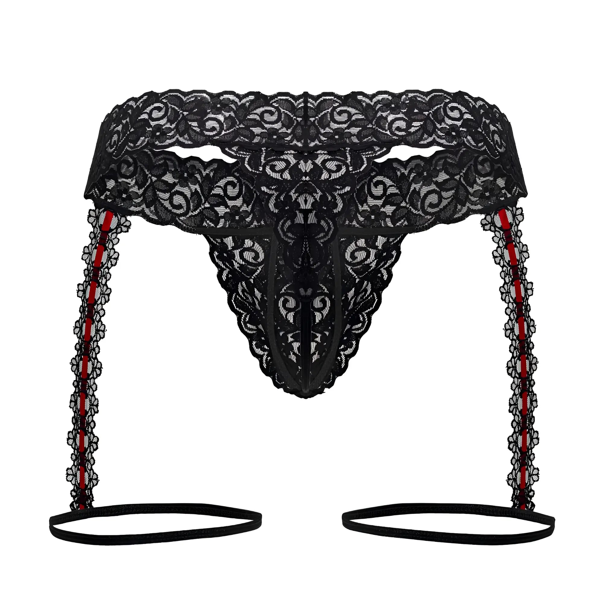 Black lace thong with red-striped garter straps and scalloped edges from Candyman 99803 collection