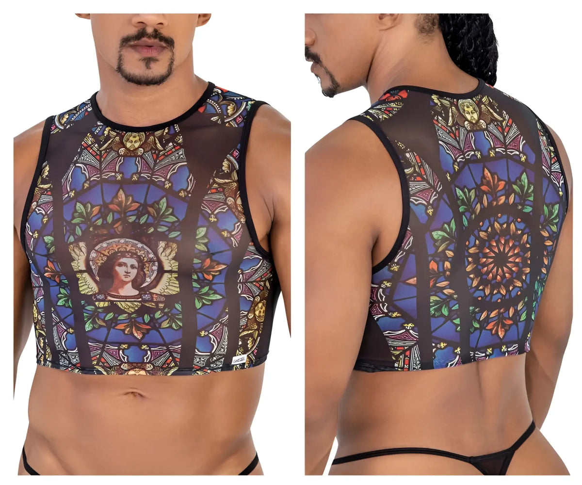 CandyMan 99805 stained glass tank top in black with angelic figure floral and geometric patterns on sheer mesh