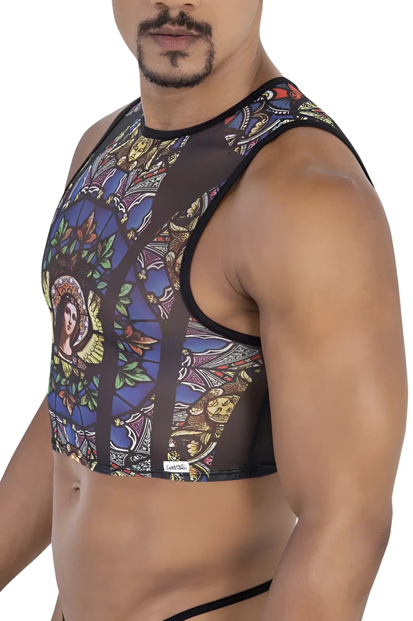 CandyMan 99805 stained glass tank top with vibrant blue gold and black angelic figure pattern on black fabric