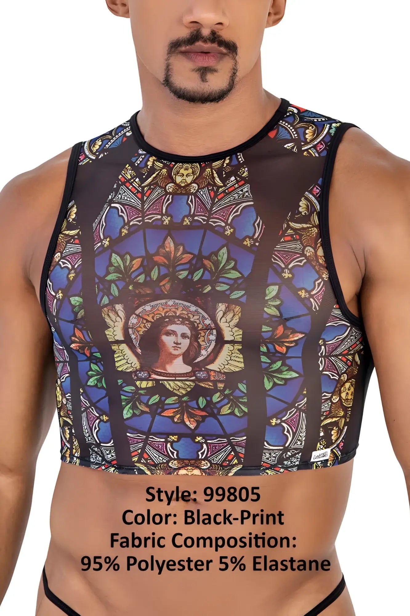 CandyMan 99805 stained glass tank top black-print sleeveless crop top with angelic stained glass design on sheer mesh