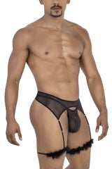 CandyMan 99806 black sheer mesh garter belt with feathered cuffs and central pouch for lingerie wear