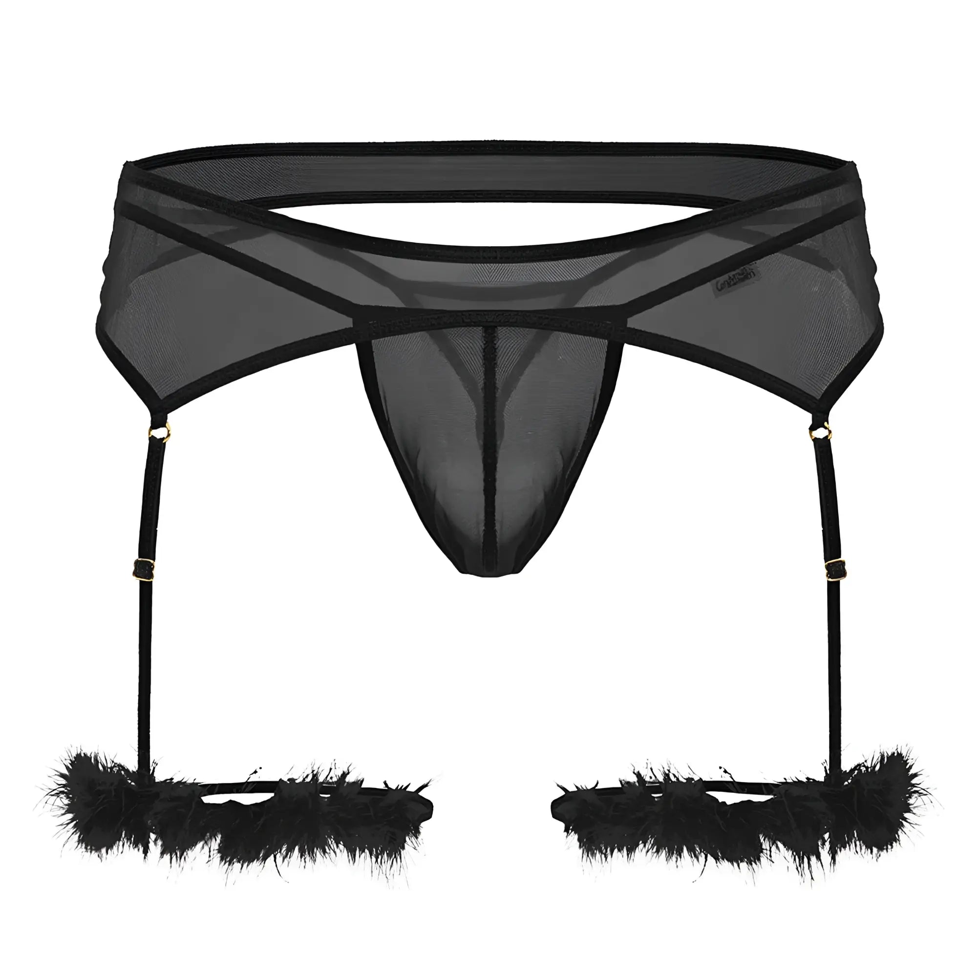Black sheer mesh garter belt with feathered leg straps from candyman 99806 mesh garter outfit in black