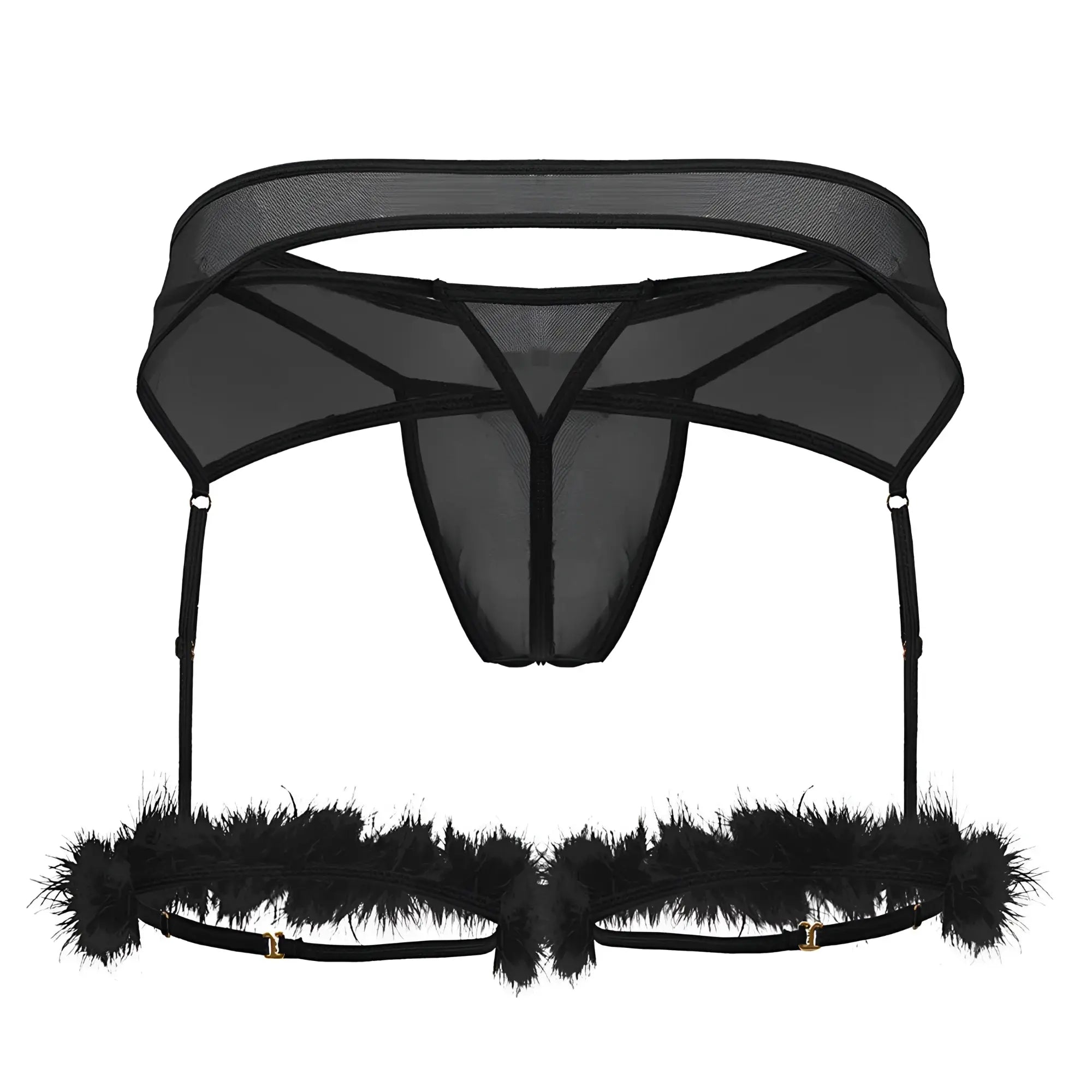 CandyMan 99806 black sheer mesh garter belt with feather trim and adjustable straps for lingerie outfits