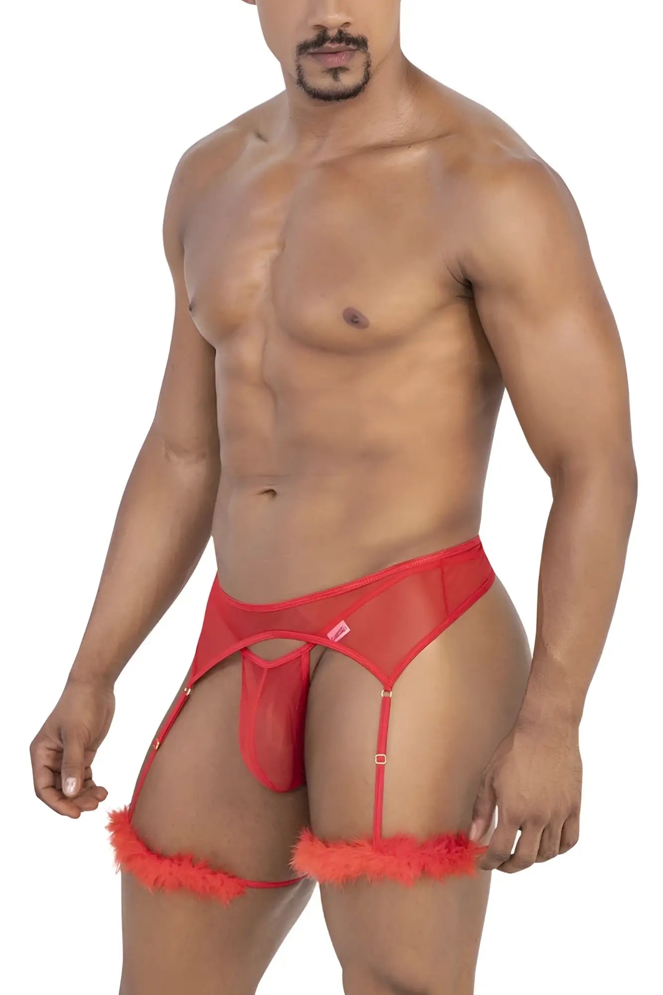 CandyMan 99806 red sheer mesh garter belt with fluffy orange trim and adjustable straps for lingerie outfit