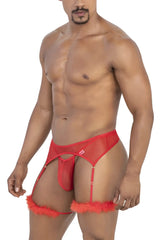 CandyMan 99806 red sheer mesh garter belt with fluffy orange trim and adjustable straps for lingerie outfit