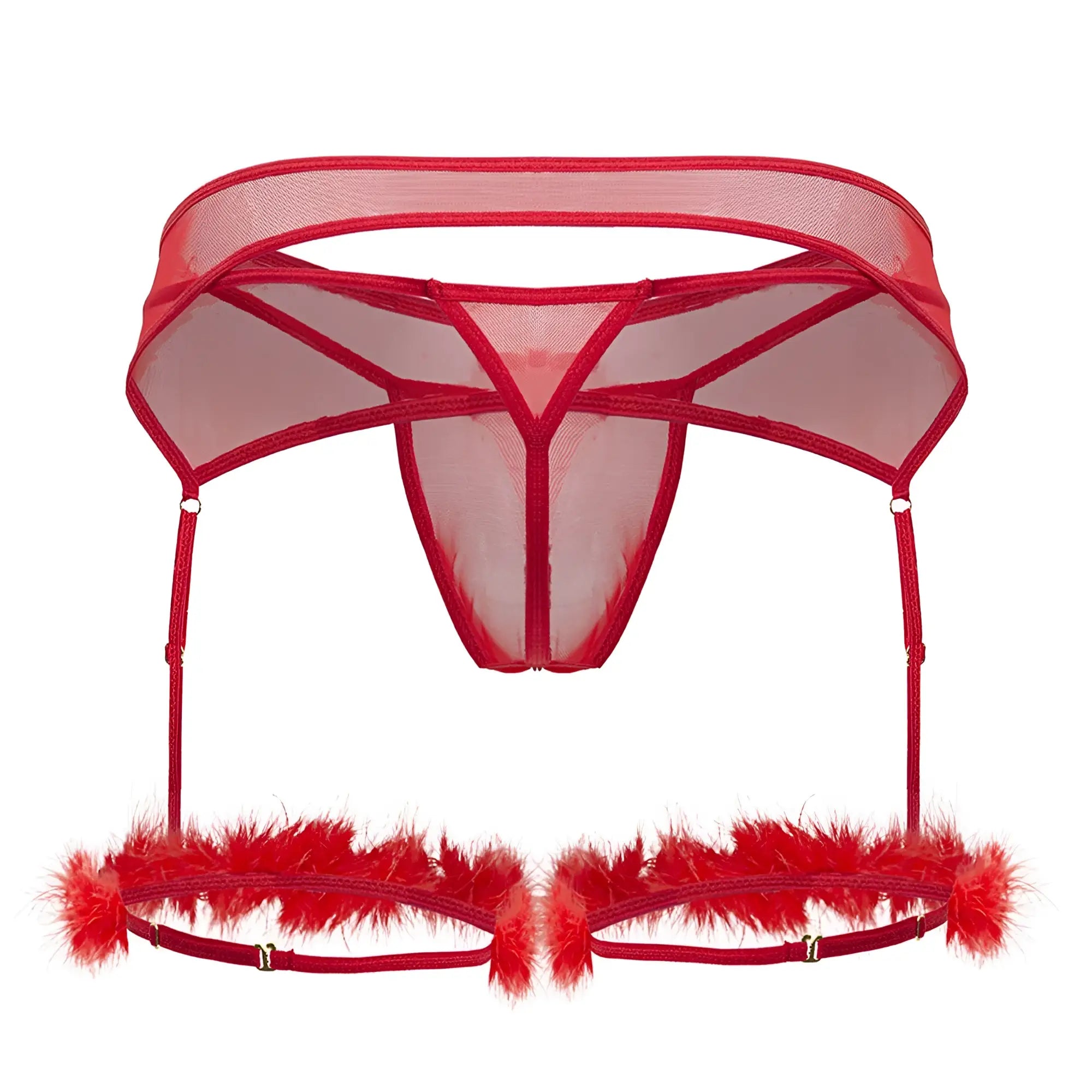 Red sheer mesh garter belt with feathered trim and adjustable straps from candyman 99806 mesh garter outfit