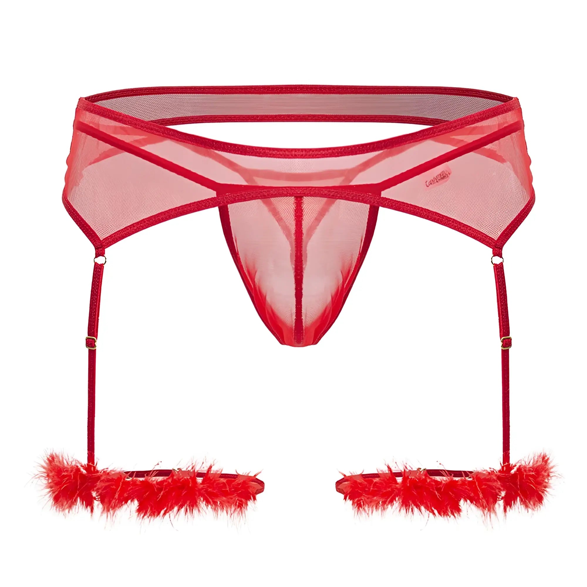CandyMan 99806 red sheer mesh garter belt with feathered cuffs and adjustable straps for lingerie outfit