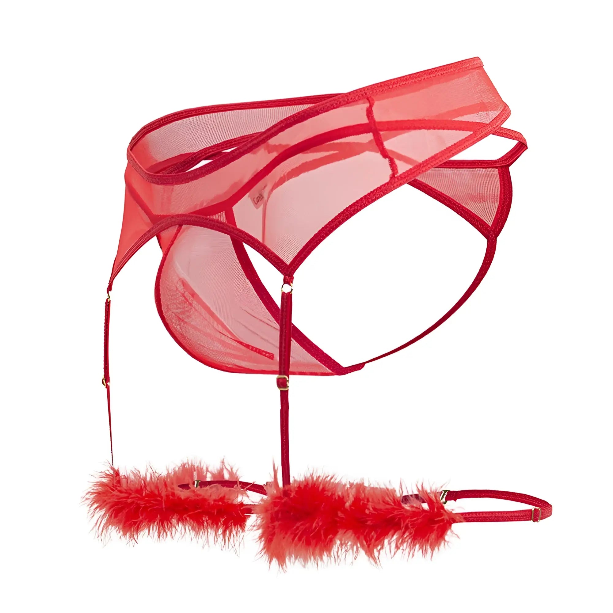 CandyMan 99806 red mesh garter belt with sheer fabric and feathered leg straps for lingerie and costume wear