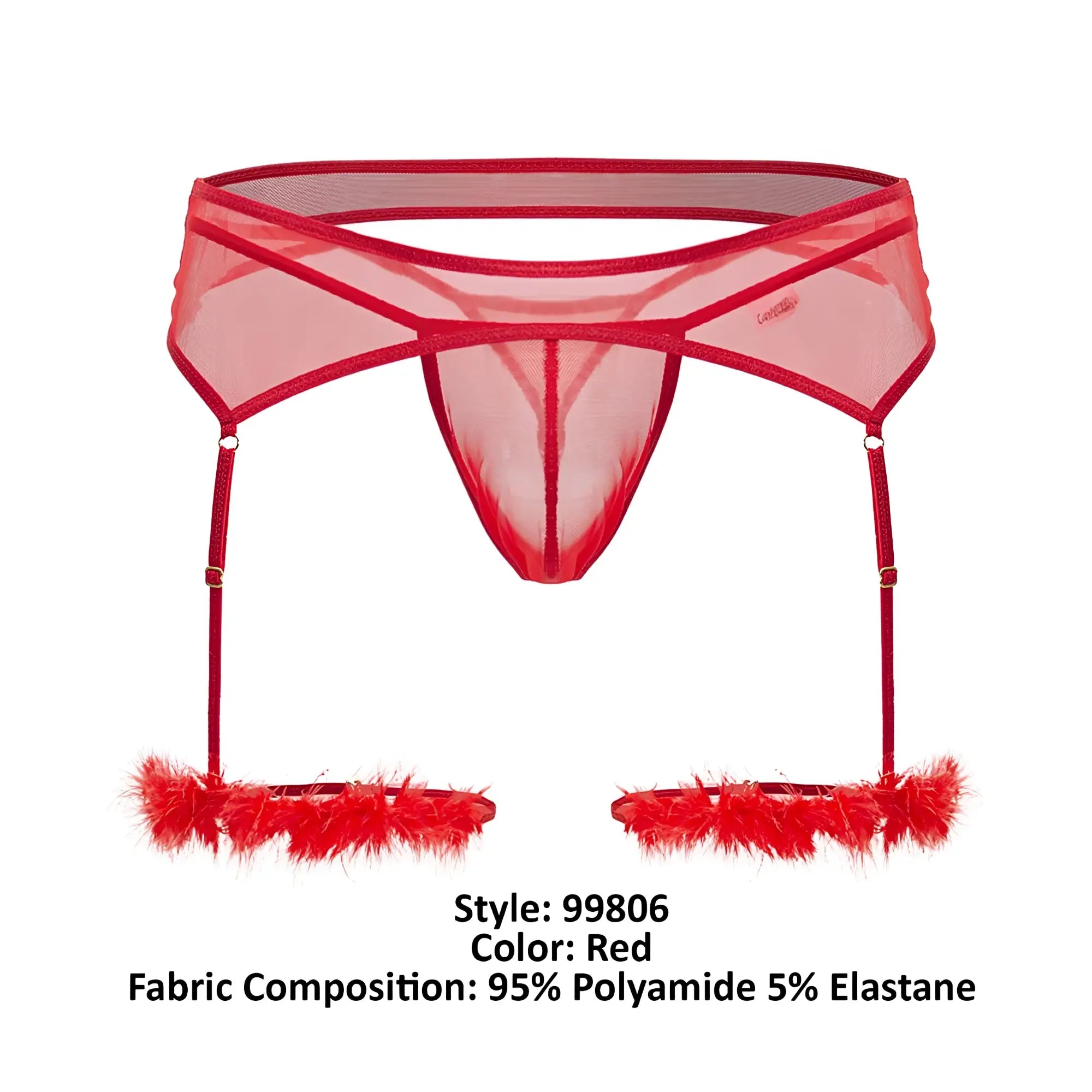 Candyman 99806 red mesh garter belt with feathered cuffs and adjustable straps in sheer fabric