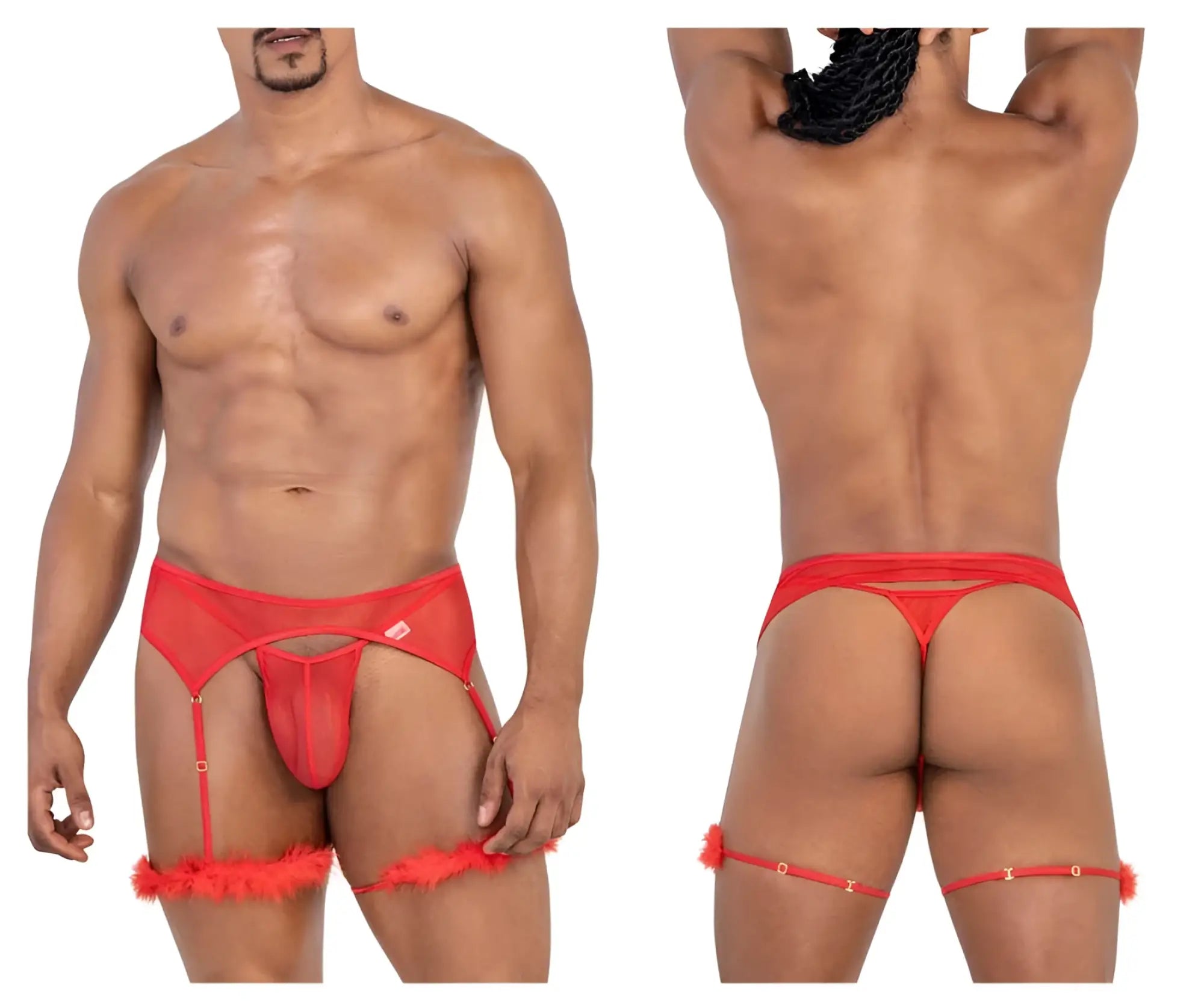 Candyman 99806 red sheer mesh men’s lingerie with feather trim and adjustable garter straps