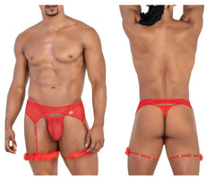 Candyman 99806 red sheer mesh men’s lingerie with feather trim and adjustable garter straps