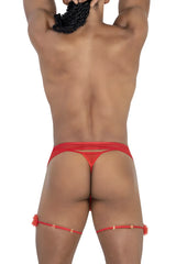 Red thong with matching red mesh garter straps and fuzzy pom-poms candyMan 99806 garter outfit in red