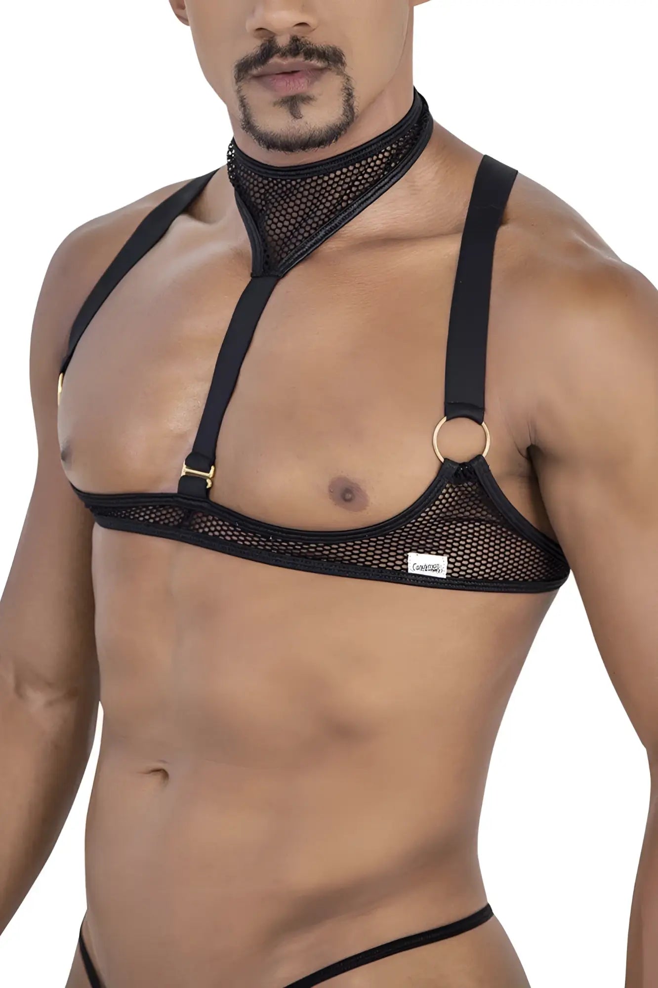 Black mesh harness with adjustable straps and gold toned metal rings candyMan 99809 mesh harness color black