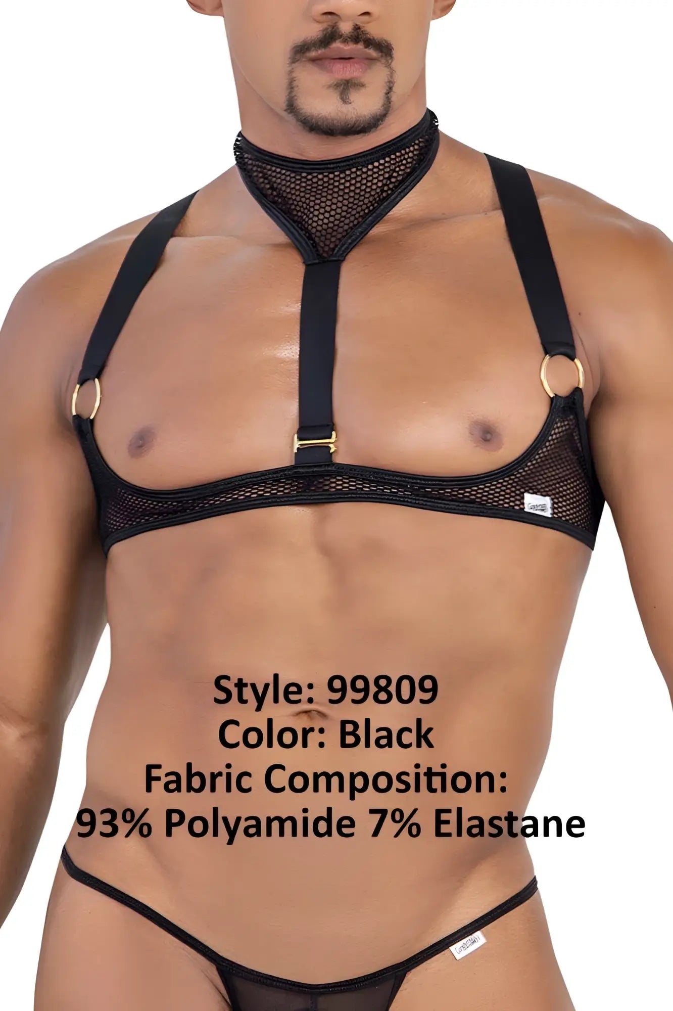 Black mesh harness candyman 99809 with gold-toned metal rings and adjustable straps in black color