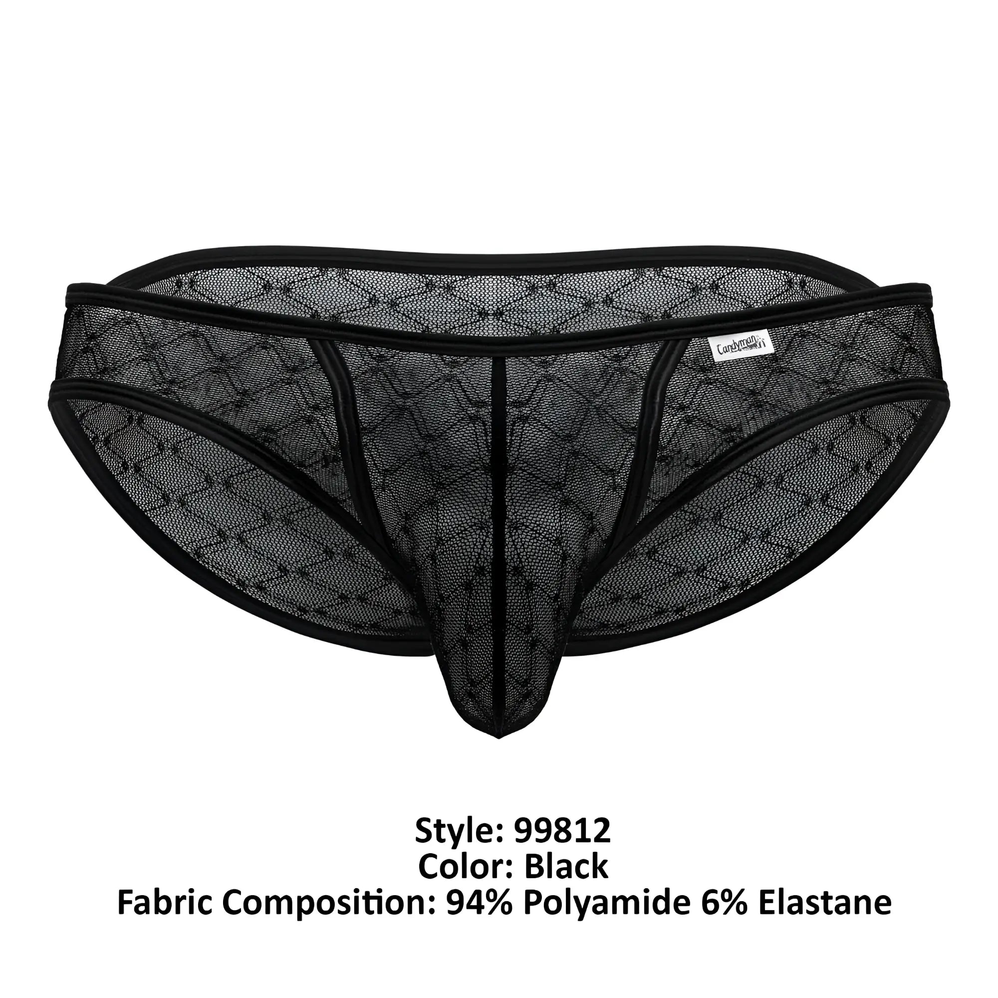 Black mesh thong candyMan 99812 with diamond-patterned design and reinforced elastic waistband