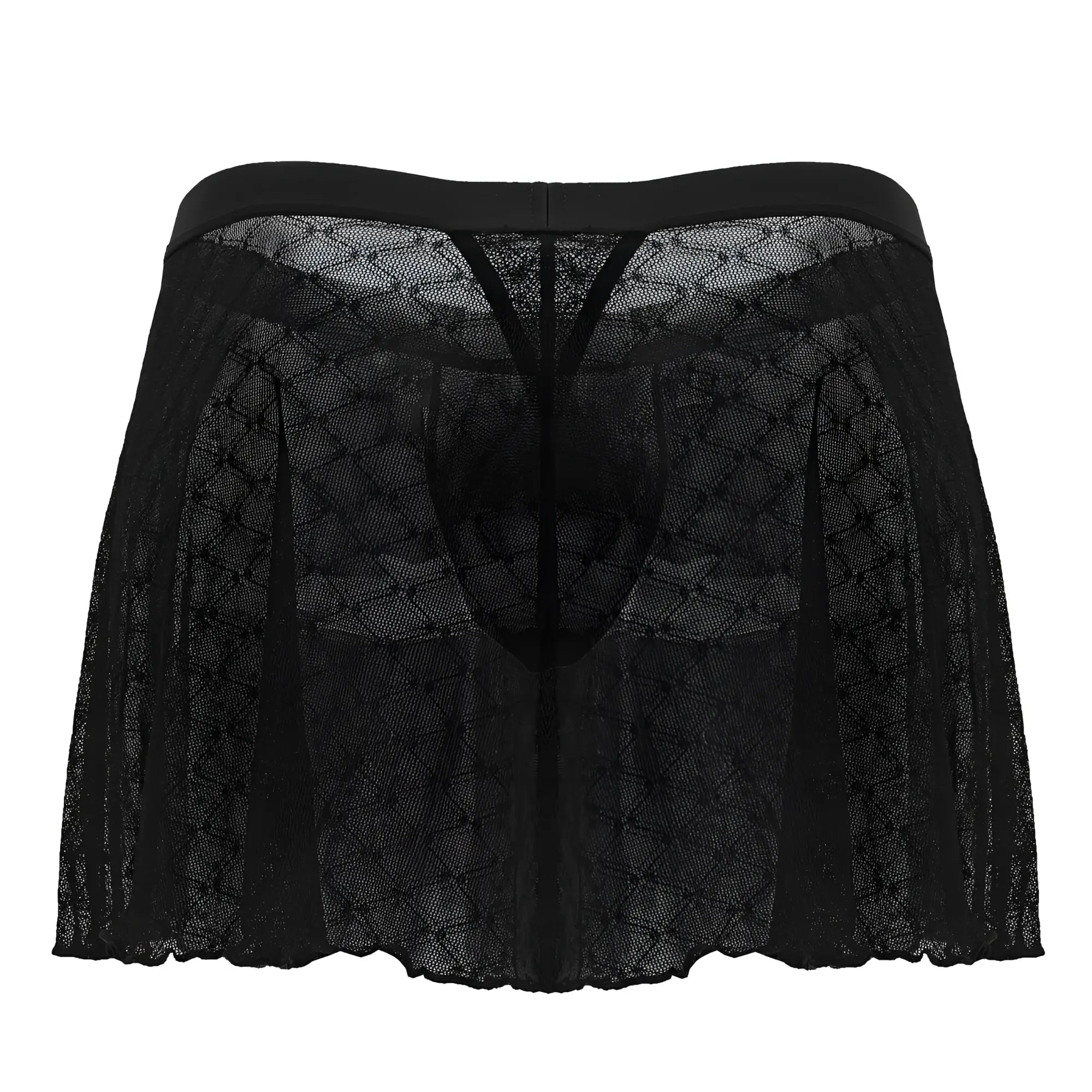 Black sheer lace men’s underwear candyMan 99813 mesh skirt with solid waistband and intricate diamond pattern