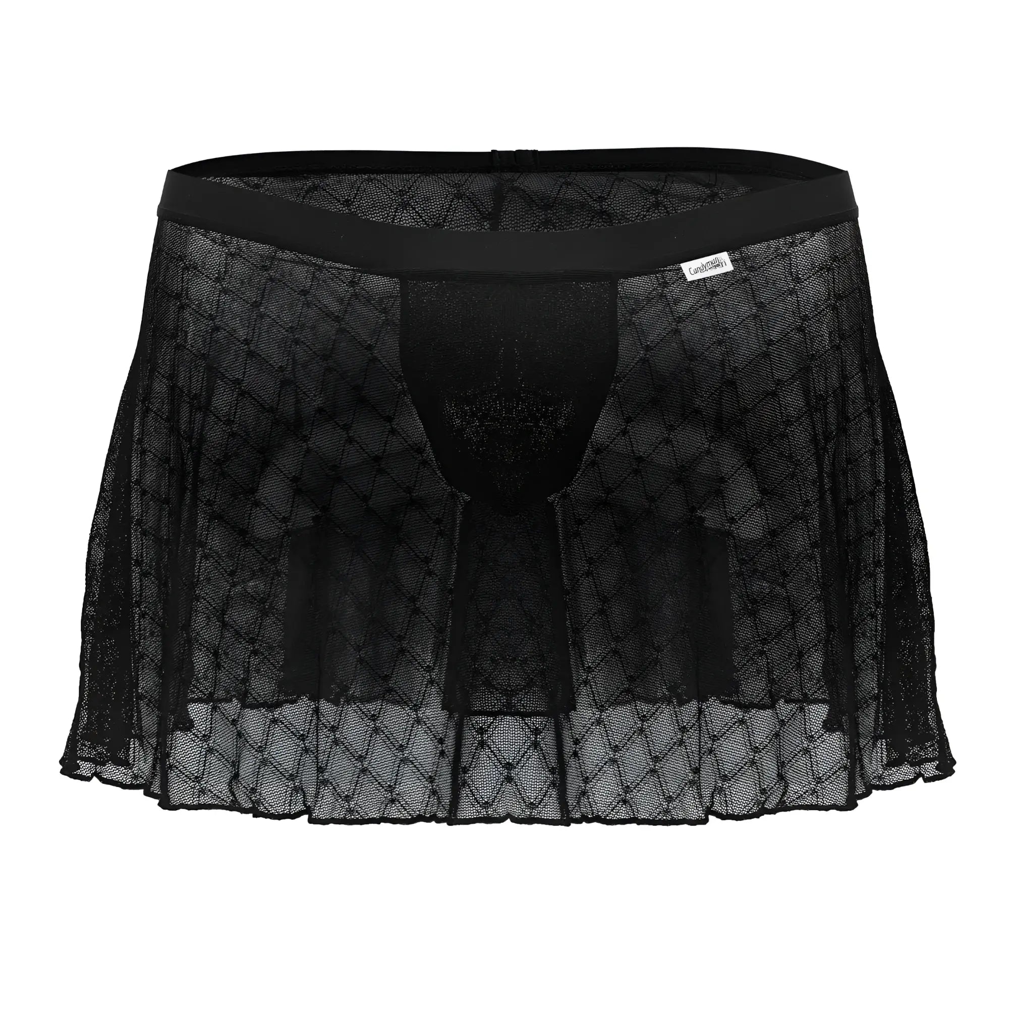 Black sheer lace men’s underwear with diamond pattern and elastic waistband candyMan 99813 mesh skirt color black