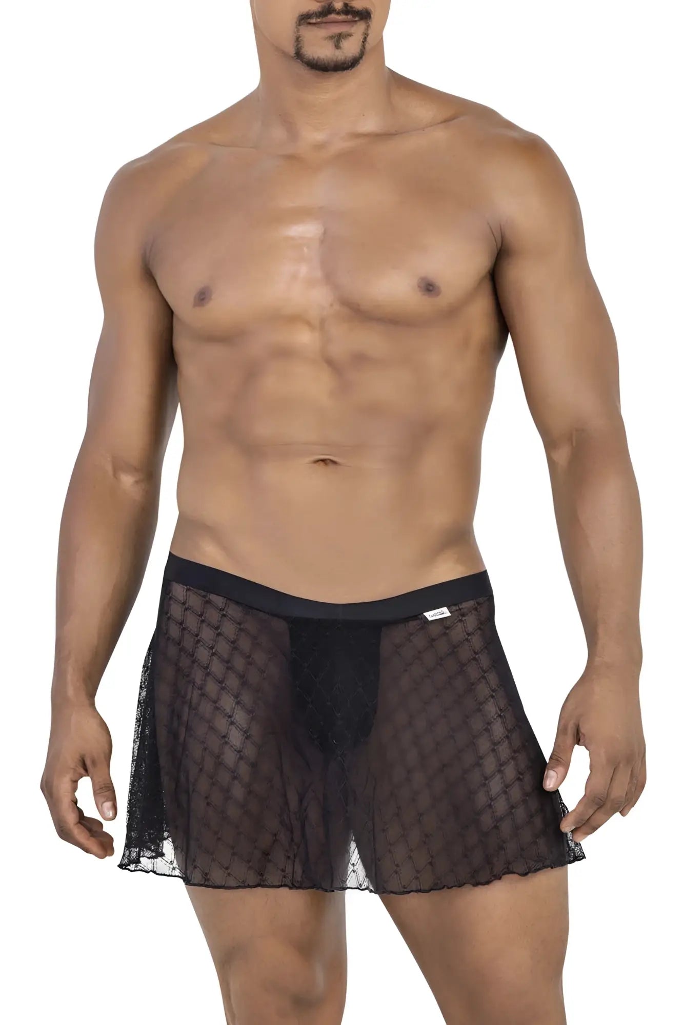 Black sheer mesh briefs with a solid black waistband from candyman 99813 mesh skirt collection front view