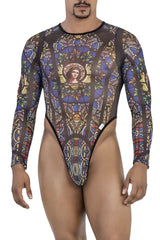 CandyMan 99814 stained glass bodysuit in black with blue gold and brown stained glass inspired long sleeve print