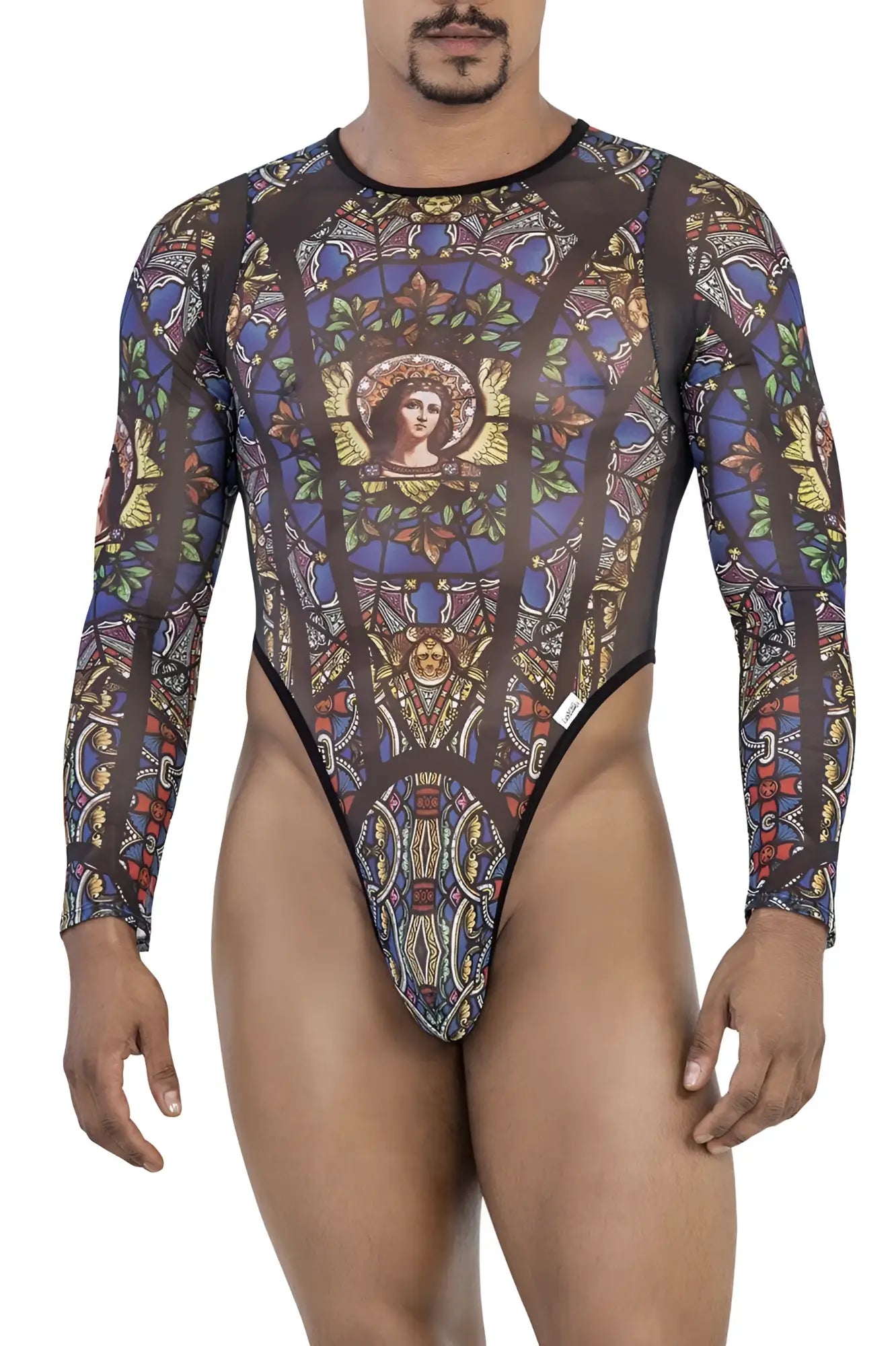 CandyMan 99814 stained glass bodysuit in black with intricate blue gold and brown patterns long sleeves