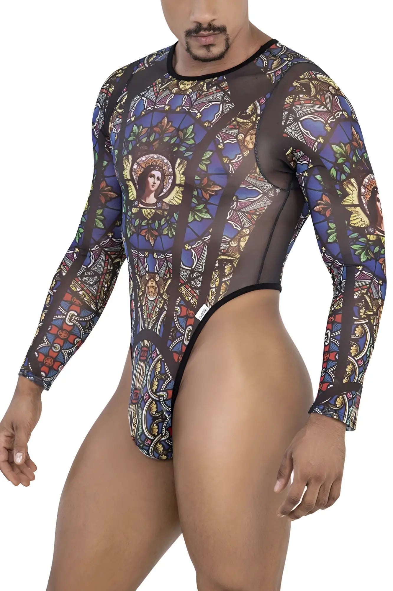 Candyman 99814 men’s long-sleeved sheer mesh bodysuit with vibrant stained glass angelic and floral print black color